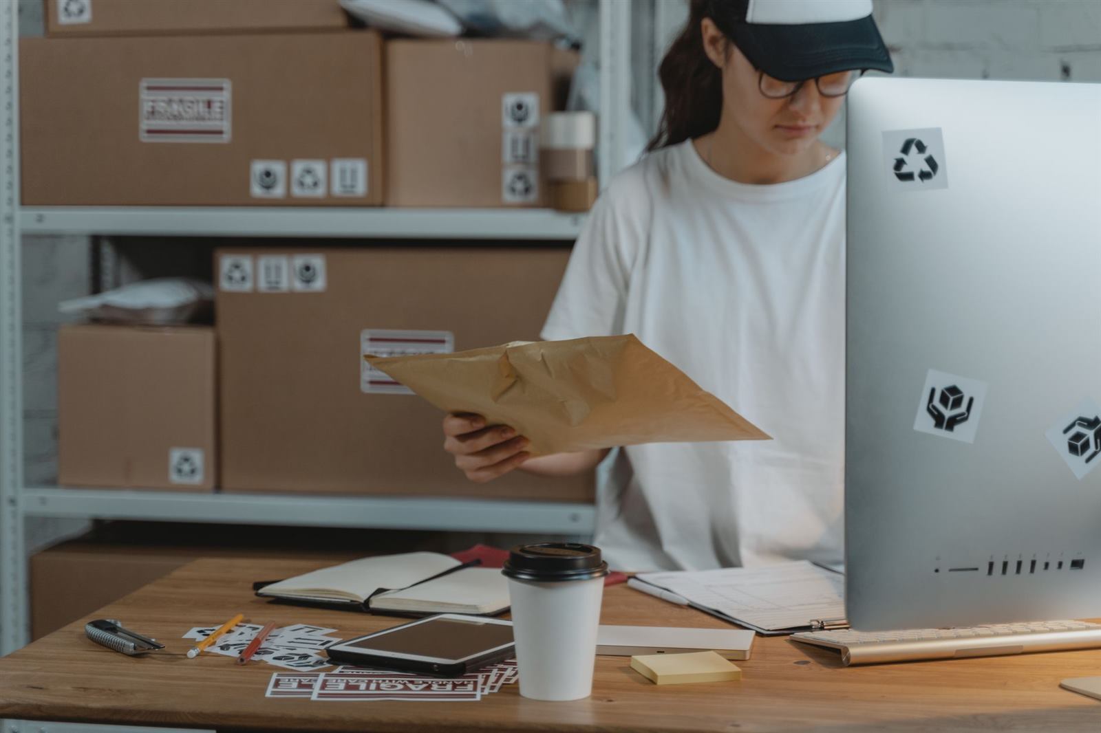 Woman sorting parcels at her desk in a logistics office, demonstrating efficient workspace